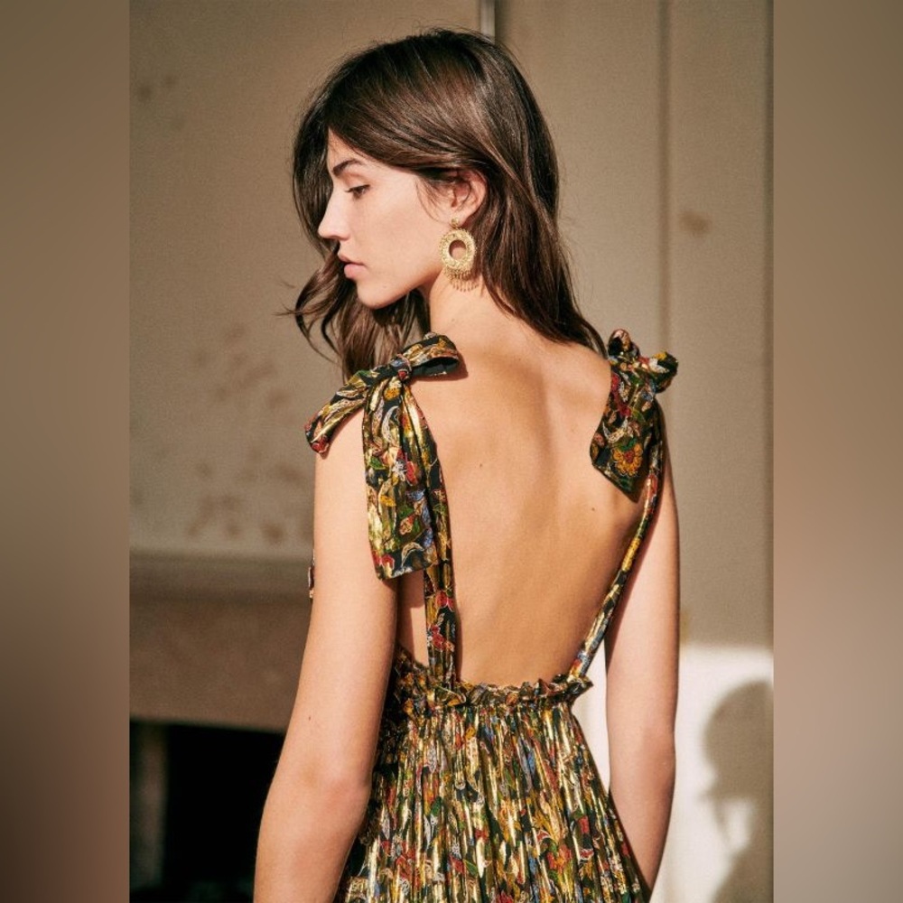 ⚜️Sézane elegant maxi length tie strap gown metallic gold size 38 - Picture 2 of 9